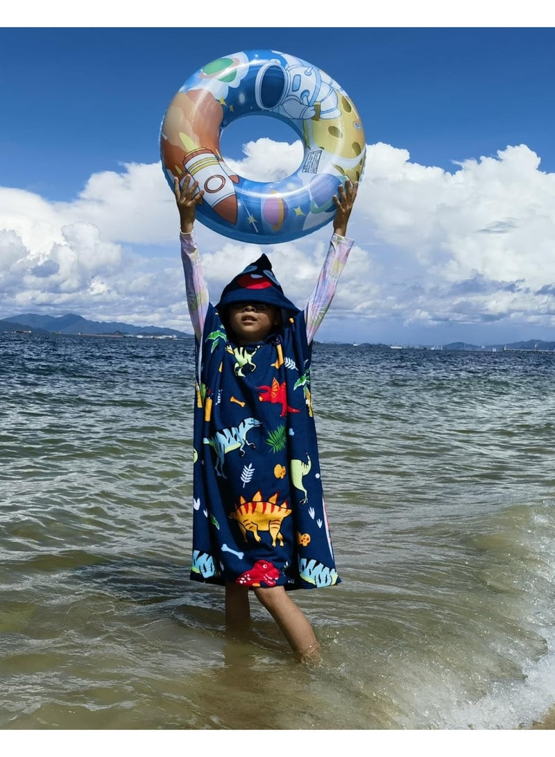 Soft Swim Cover-ups for  Old Kids Navy Blue Dinos Hooded Bath Beach Poncho Towels - Image 2